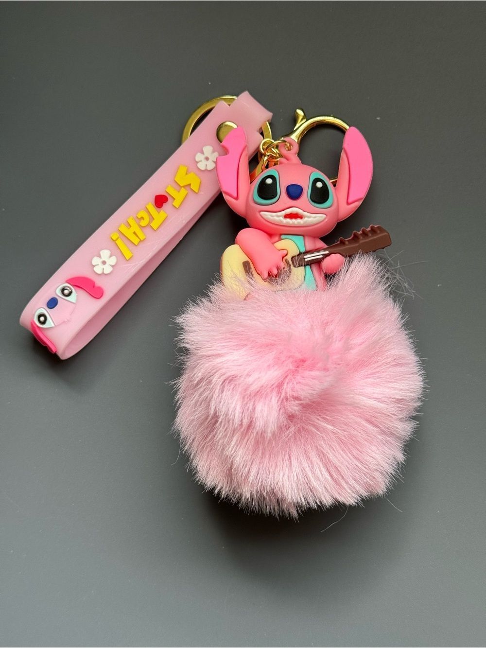 Blue Stitch Fluffy Pom Pom Keychain Bag Charm with Guitar Charm NIP - Picture 4 of 9